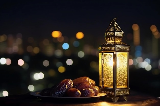 Um prato de comida do Ramadã com uma lanterna e um prato de comida do Ramadã.