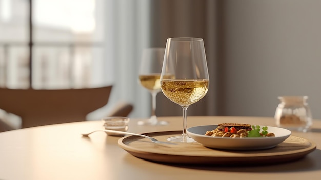 um prato de comida e um copo de vinho em uma mesa generativa AI