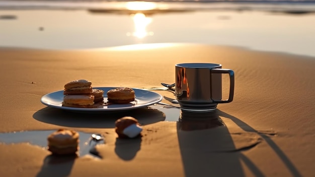 Um prato de comida e um copo em uma praia Arte IA generativa