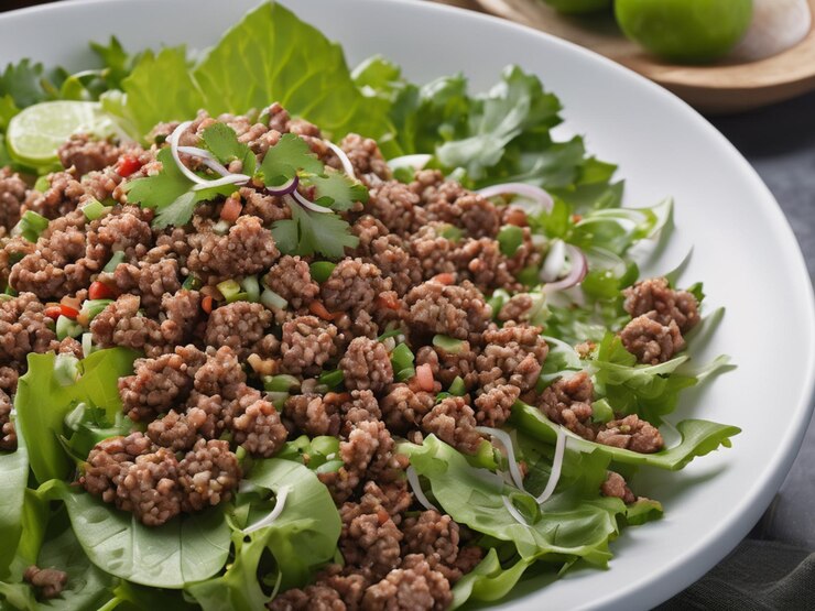 Foto um prato de comida, incluindo alface de carne e outros ingredientes