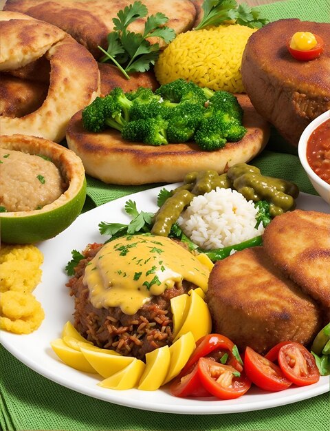 Foto um prato de comida incluindo carne, vegetais e arroz.