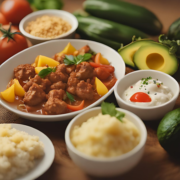 Foto um prato de comida, incluindo carne, vegetais e molho