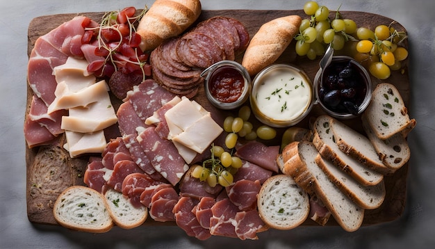 um prato de comida, incluindo queijo de carne e pão