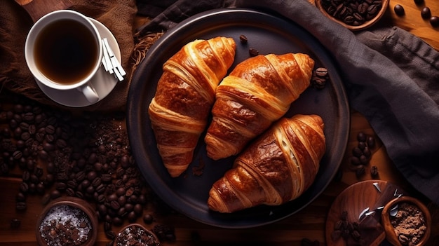 Um prato de croissants com grãos de café ao lado