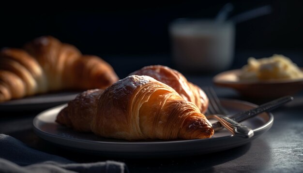 Um prato de croissants com um garfo ao lado