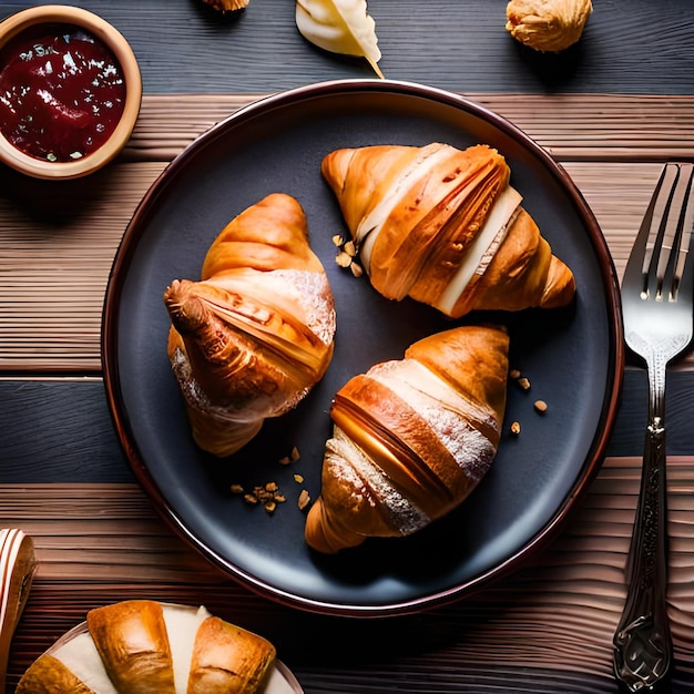 Um prato de croissants com um garfo e um garfo sobre uma mesa de madeira.