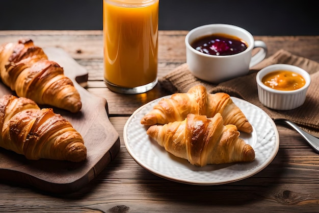 Um prato de croissants e uma xícara de café em uma mesa de madeira.