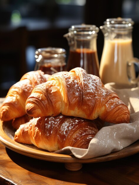 um prato de croissants e xarope