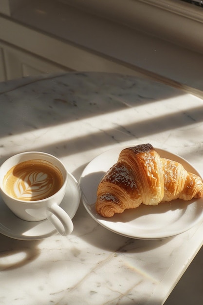 Foto um prato de croissants senta-se em uma mesa de mármore ao lado de uma xícara de café os croissants são esmaltados com açúcar em pó e o café está vaporizando conceito de conforto e indulgência