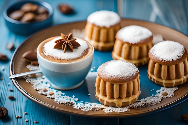 um prato de cupcakes com uma xícara de café e biscoitos.