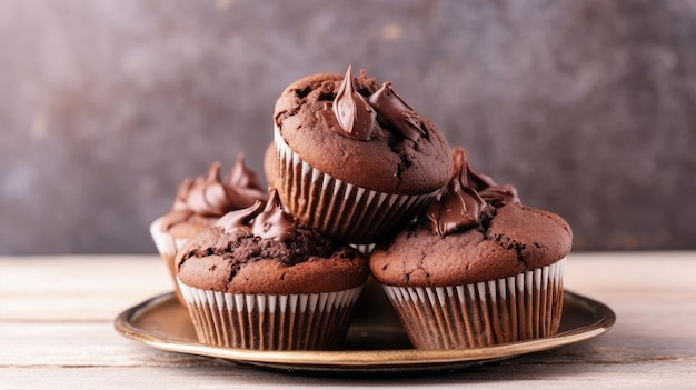 Um prato de cupcakes de chocolate sobre uma mesa