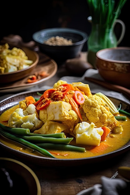 Um prato de curry com uma tigela de feijão verde e uma tigela de curry.