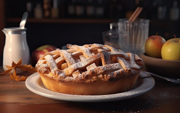 Um prato de deliciosa torta de maçã em um café de fundo foto de comida profissional ai gerado