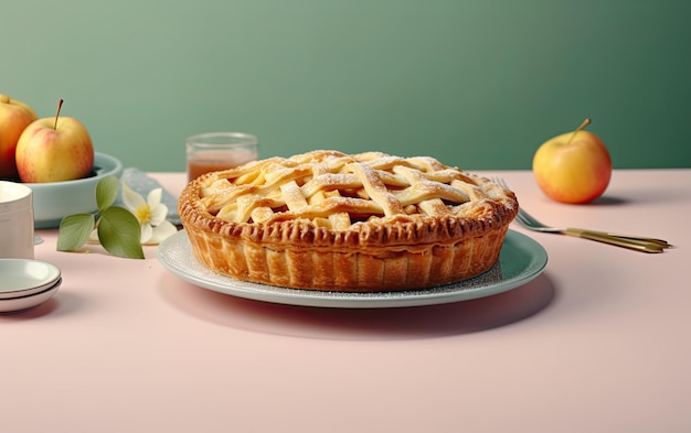Um prato de deliciosa torta de maçã em um fundo pastel foto de comida profissional ai gerado