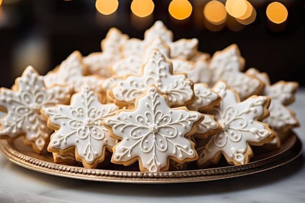 Um prato de deliciosos biscoitos açucarados em forma de flocos de neve e decorados com glacê real