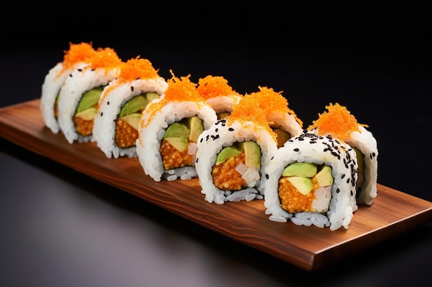 Um prato de deliciosos rolos de sushi vegetariano