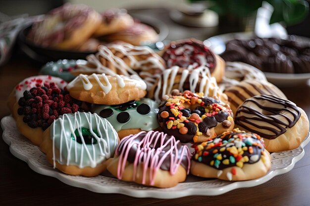 Foto um prato de doces sem glúten e veganos com glacê pronto para uma festa criada com ia generativa