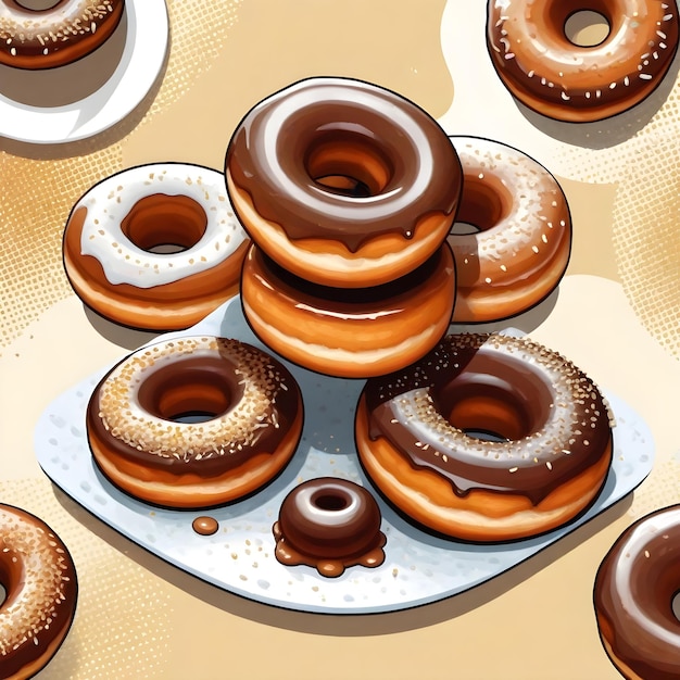 Foto um prato de donuts com cobertura de chocolate e gelo