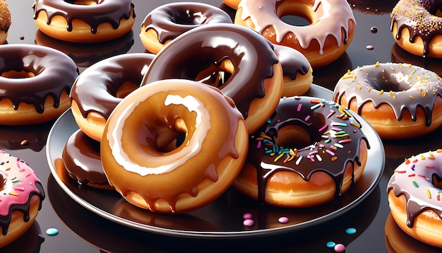 Foto um prato de donuts com cobertura de chocolate e salpicaduras