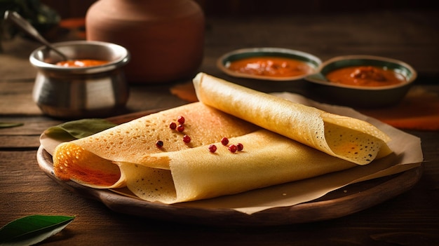 Um prato de dosa com um lado de chutney