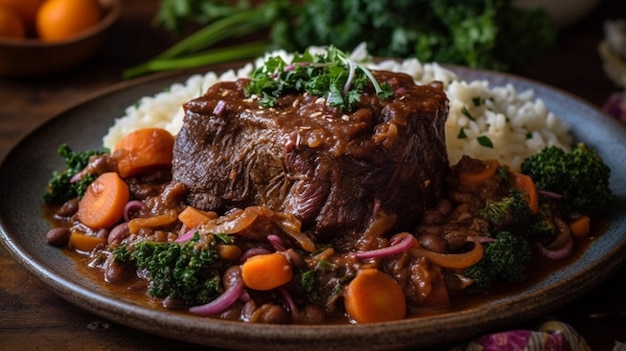 Um prato de ensopado de carne com arroz e legumes.