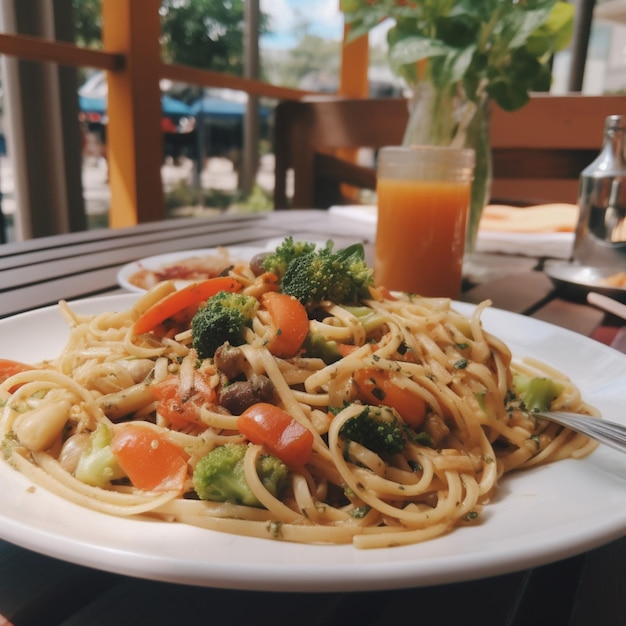 Um prato de espaguete com brócolis e tomate.