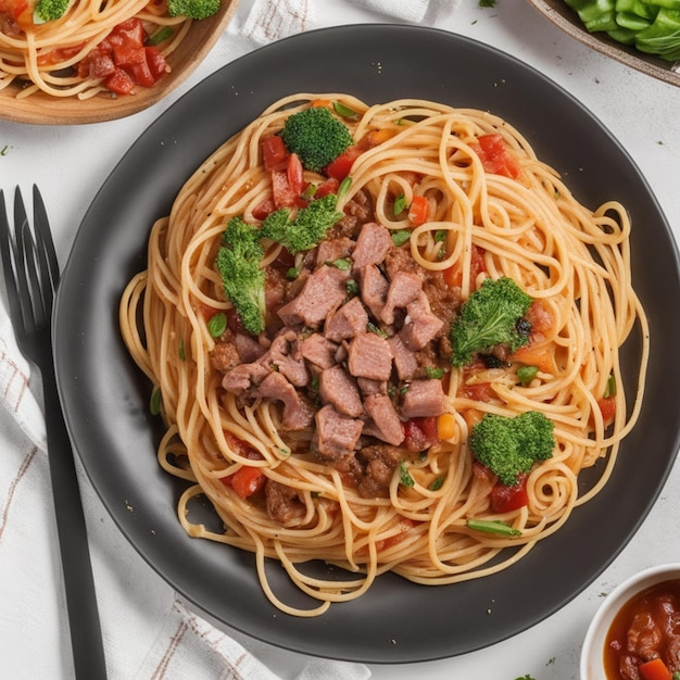um prato de espaguete com carne e legumes 3