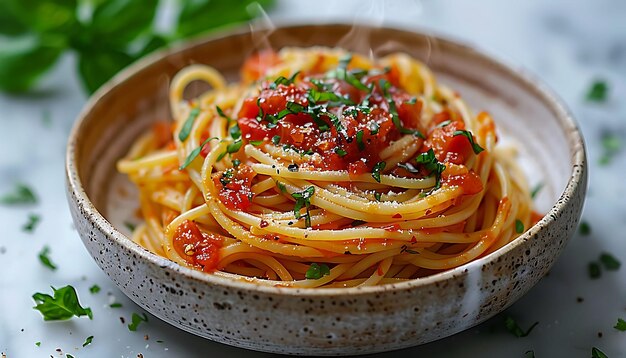 Foto um prato de espaguete com folhas de manjericão e manjar