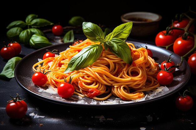 um prato de espaguete com manjericão e tomates