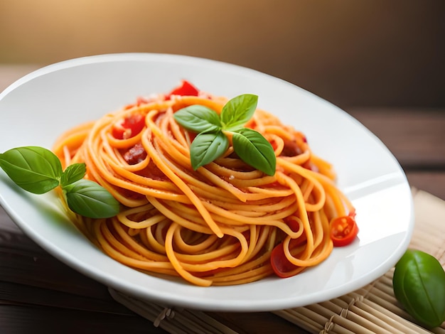 Um prato de espaguete com molho de tomate e folhas de manjericão