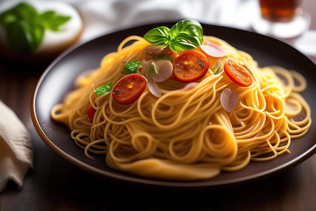 Um prato de espaguete com molho de tomate e manjericão por cima.