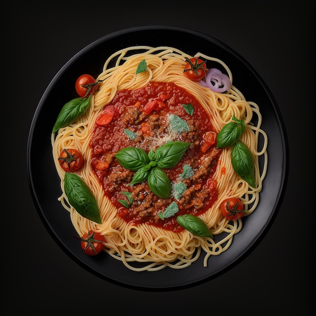 Um prato de espaguete com molho de tomate e manjericão.