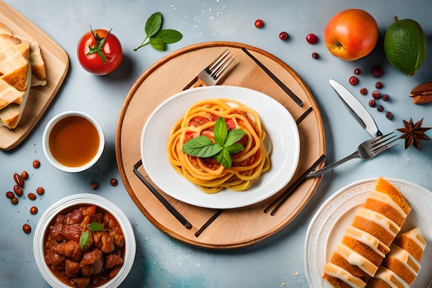 Um prato de espaguete com molho de tomate e pão sobre uma mesa