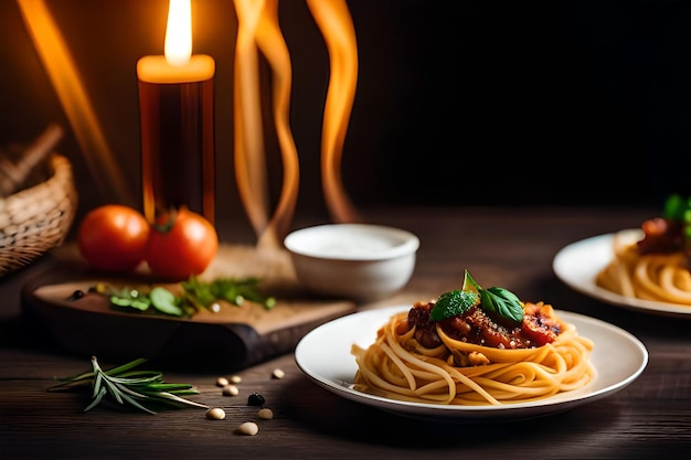 Um prato de espaguete com molho de tomate e um prato de spaguete com tomates e salsa