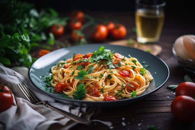 Um prato de espaguete com tomate e manjericão sobre uma mesa