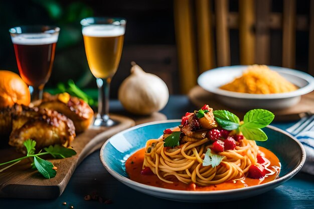 Foto um prato de espaguete com um copo de vinho na mesa