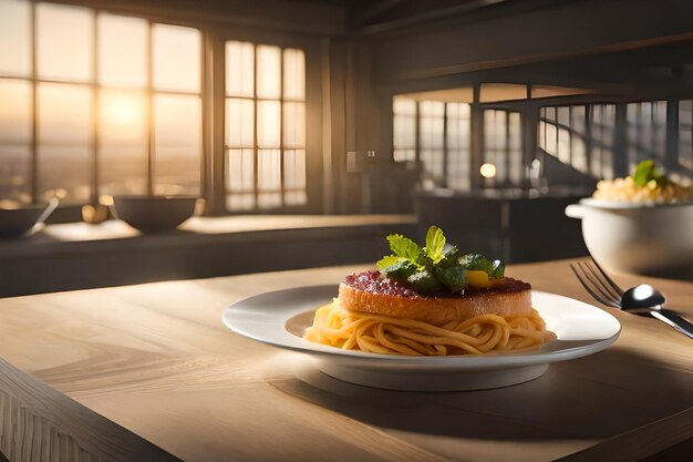 um prato de espaguete com um prato de macarrão e verduras sobre uma mesa.