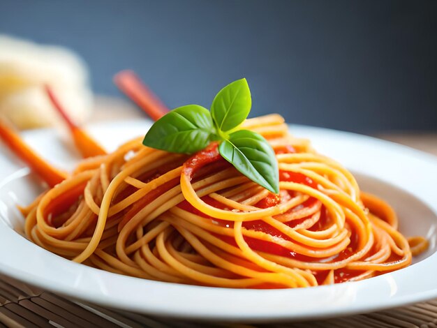 Um prato de espaguete com um raminho de manjericão por cima