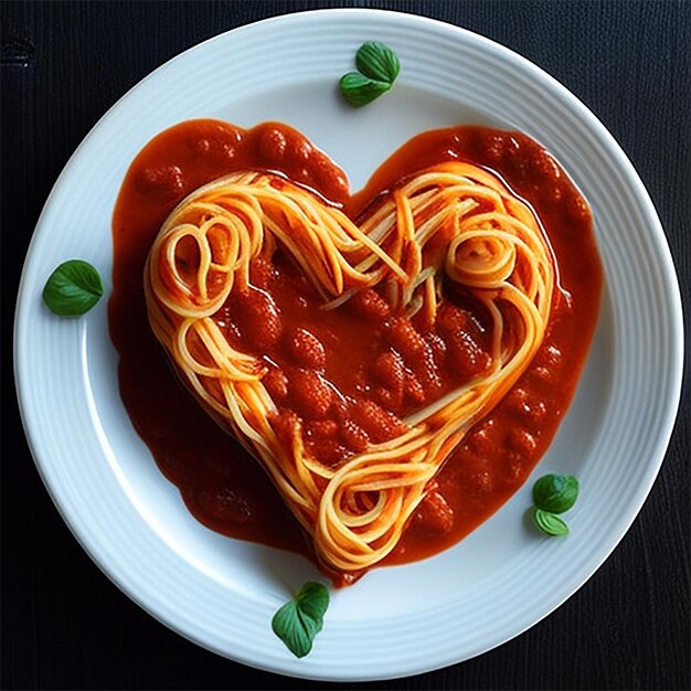 Um prato de esparguete com molho vermelho e molho de tomate em forma de coração.