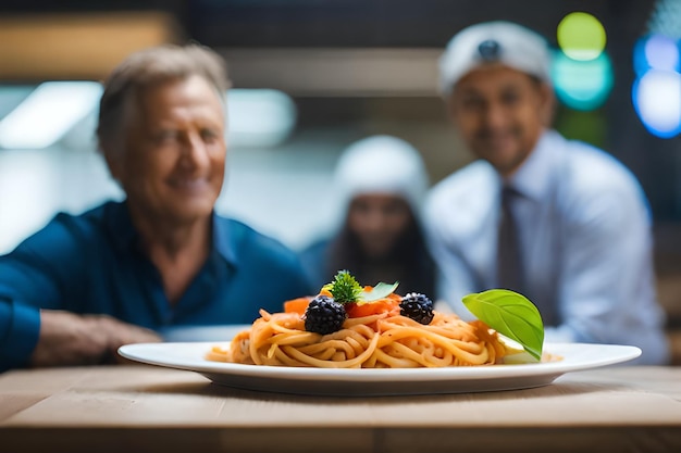 Foto um prato de esparguete com um prato de framboesas e uma folha.