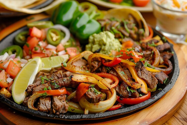 Foto um prato de fajitas com carne e legumes no prato