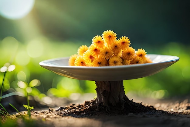 Um prato de flores amarelas em um toco de árvore