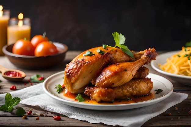 Um prato de frango assado com pimenta vermelha em cima da mesa