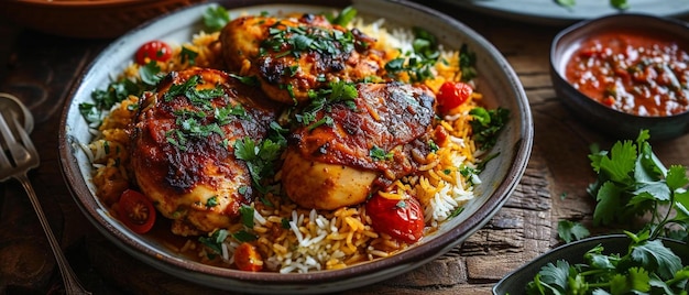 um prato de frango e arroz com molho de salsa