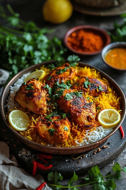 um prato de frango e arroz com rodelas de limão