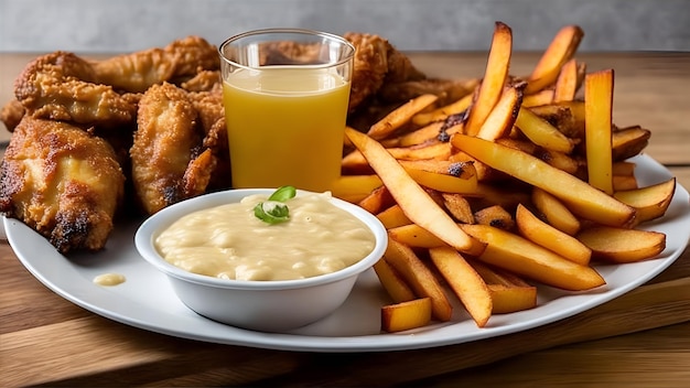 Um prato de frango e batatas fritas com um copo de suco de laranja