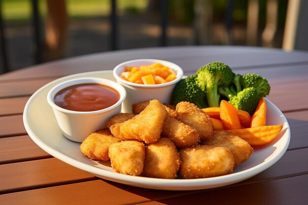 Um prato de frango e nuggets servidos com um lado de tang.