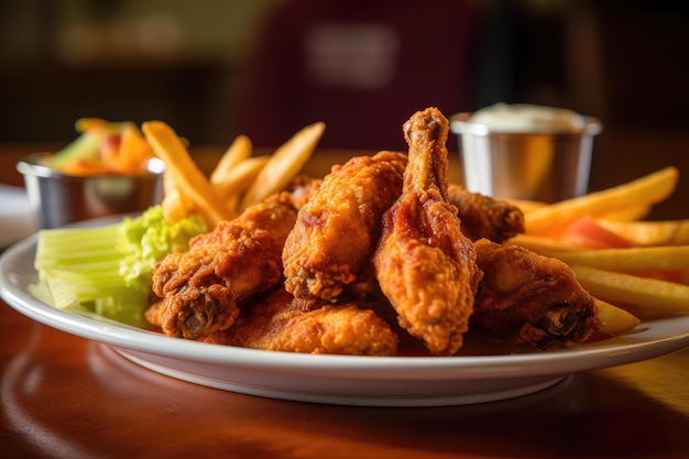 Um prato de frango frito com batatas fritas e salada de repolho