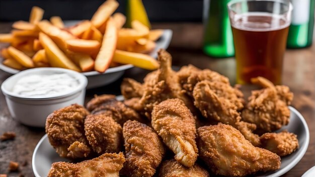 Um prato de frango frito e batatas fritas com um copo de cerveja ao lado.