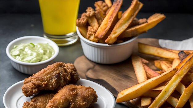 Um prato de frango frito e batatas fritas com um copo de suco de laranja